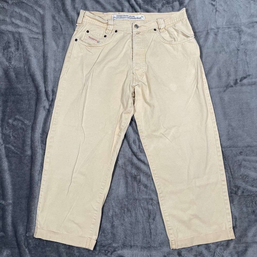 Diesel Wide-Leg Jeans Mens 34 Beige High Rise Cuffed Relaxed Fit 100% Cotton